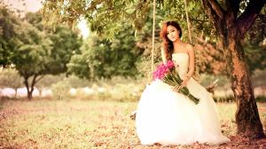 Asian girl play swing, white dress, flowers wallpaper thumb