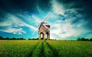 Fantasy landscape, windmill, fields, blue sky wallpaper thumb