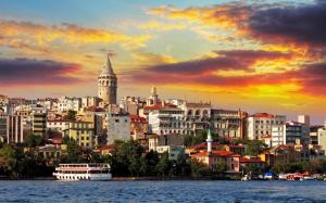 Istanbul, turkey, buildings, sea, boat, clouds, sunset wallpaper thumb