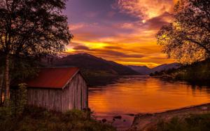 Nature, Landscape, Boathouses, Lake, Sunset, Norway, Trees, Mountain, Sky wallpaper thumb