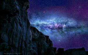 Cliff Rock Stone Purple Stars Nebula HD wallpaper thumb