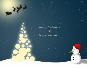 snowman, santa claus, reindeer, flying, year tree, night, christmas, snow wallpaper thumb