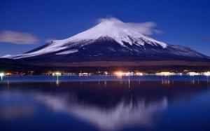 Japan, mount Fuji, lake, night, lights, clouds wallpaper thumb