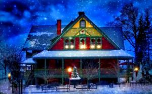 Snow winter, house, New Year, Christmas, lights, trees, evening wallpaper thumb