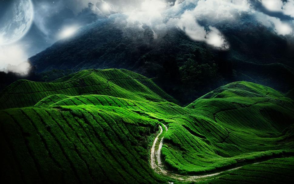 Mountains, Green, Nature, Clouds, Moon, Path wallpaper,mountains wallpaper,green wallpaper,nature wallpaper,clouds wallpaper,moon wallpaper,path wallpaper,1680x1050 wallpaper
