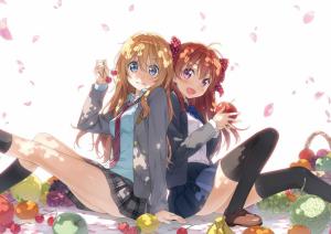 Anime Girls, Long Hair, Big Eyes, Sitting, Fruits, Petals, Anime wallpaper thumb