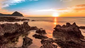 Sunset Sunlight Beach Ocean Rocks Stones HD wallpaper thumb