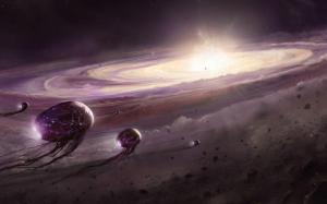Spaceships approaching Andromeda wallpaper thumb