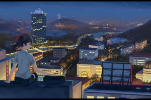 Night, Building, Rooftops, Anime Girls, City, Lights wallpaper thumb