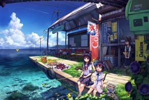 Anime Girls, Fishing, Sea, Nekomimi, Clouds, Water wallpaper thumb