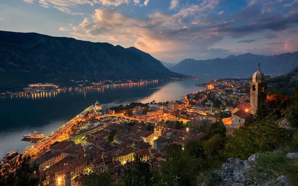 Montenegro, evening, bay, city, mountains, houses, lights wallpaper,Montenegro HD wallpaper,Evening HD wallpaper,Bay HD wallpaper,City HD wallpaper,Mountains HD wallpaper,Houses HD wallpaper,Lights HD wallpaper,1920x1200 wallpaper