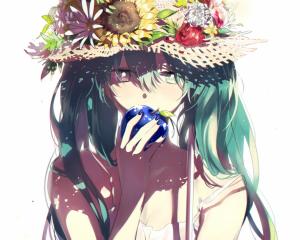 Vocaloid, Hatsune Miku, Long Hair, Twintails, Sun Hats, Flowers, Apples, Simple Background, Anime Girls wallpaper thumb