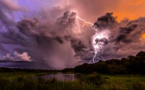 Nature, thunder, lightning, clouds, sky, evening, lake, trees wallpaper thumb