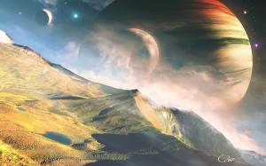 Planets, stars, space, mountains, dream landscape wallpaper thumb