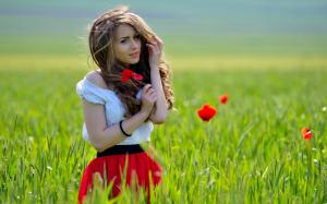 girl, poppies, field, grass, summer wallpaper thumb