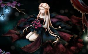 Long hair anime girl, rose flowers wallpaper thumb