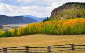 Autumn, sky, mountains, trees, grass, fence wallpaper thumb