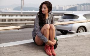 Clara Lee, Asian, Woman, Sitting, Outdoors, Long Legs wallpaper thumb