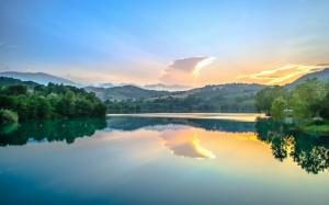 Marche, Italy, river, dawn, trees, water reflection wallpaper thumb