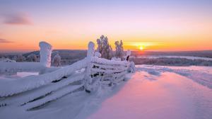 Winter landscape, wood fence, white snow, sunrise wallpaper thumb