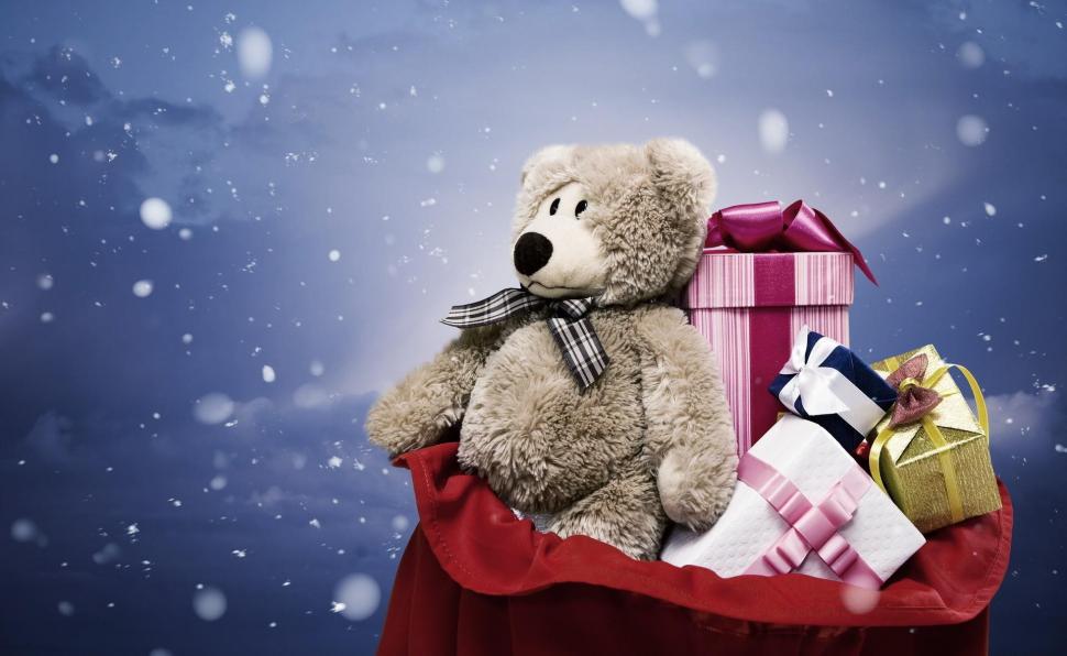 Bear, gift, bag, snow, christmas, new year wallpaper,bear HD wallpaper,gift HD wallpaper,snow HD wallpaper,christmas HD wallpaper,new year HD wallpaper,1920x1180 wallpaper