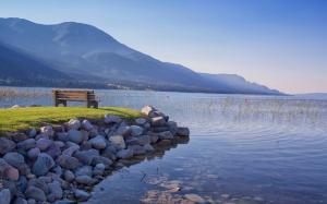 British Columbia, Canada, lake, mountains, bench, grass, stones wallpaper thumb
