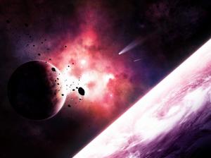 Planets and comets in space purple nebula wallpaper thumb