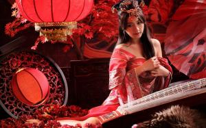 Eastern girl, musical instrument, retro style wallpaper thumb