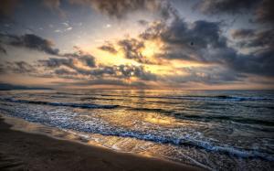 Sea waves, beach, sand, sky, clouds, sunset wallpaper thumb