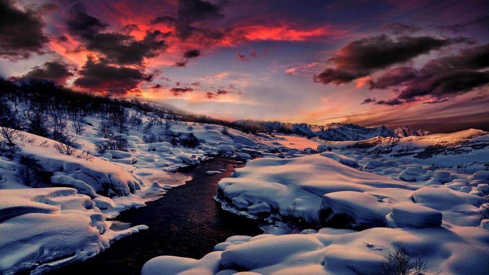 Winter, snow, river, mountain, forest, sunset wallpaper,Winter HD wallpaper,Snow HD wallpaper,River HD wallpaper,Mountain HD wallpaper,Forest HD wallpaper,Sunset HD wallpaper,1920x1080 wallpaper