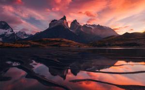 Patagonia, beautiful landscape, mountains, lake, red sky, clouds, sunset wallpaper thumb