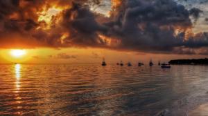 Sunset Clouds Ocean Boats Shore HD wallpaper thumb