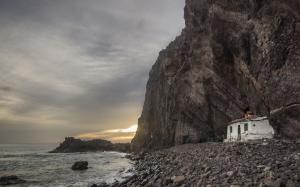 Coast Ocean Sunset House Rocks Stones HD wallpaper thumb