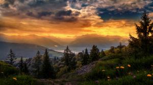 Switzerland, sky, clouds, mountains, trees, sunset wallpaper thumb