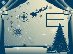 curtains, christmas tree, snowflakes, santa claus, reindeer, sleigh, flying wallpaper thumb
