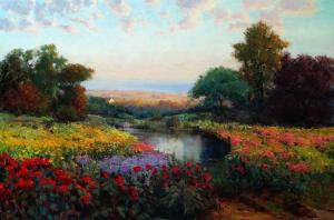 Picture Landscape Oil Art Eric Wallis Meadow Lake Flowers Trees Sky 1080p wallpaper thumb