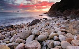 Coast landscape, sunset, sea, rocks wallpaper thumb