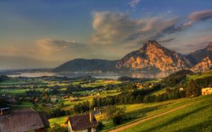 Austria, town, mountains, rocks, river, forest, house, morning wallpaper thumb