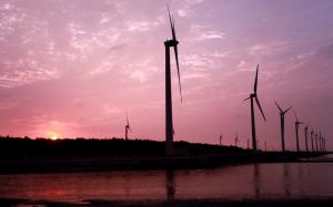 Windmills, pink sky, sunset wallpaper thumb