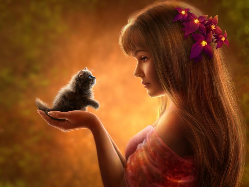 Beautiful fantasy girl with kitten wallpaper,Beautiful HD wallpaper,Fantasy HD wallpaper,Girl HD wallpaper,Kitten HD wallpaper,2560x1920 wallpaper