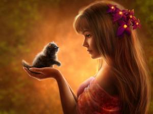 Beautiful fantasy girl with kitten wallpaper thumb