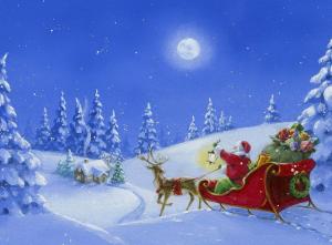 santa claus, reindeer, sleigh, gifts, wood, light, house, night, moon wallpaper thumb