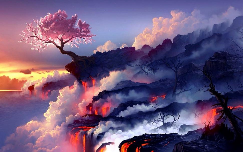 Cherry Blossom Tree on Volcano Lava wallpaper,Scenery HD wallpaper,1920x1200 wallpaper
