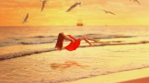 sunset, beach, sea, girl, levitation, red dress, seagull, birds wallpaper thumb