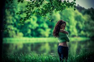 Woman, Grass, Lake, Trees, Nature, Green wallpaper thumb