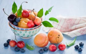 Still life fruit, apricots, cherries, blueberry, berries, leaves wallpaper thumb
