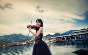 Asian girl, violin, music, pier wallpaper thumb