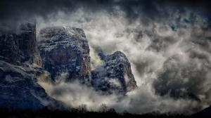 Beautiful landscape, mountains, cliff, trees, clouds, fog wallpaper thumb