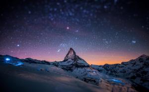 mountain, peak, stars, sky, night, light, snow wallpaper thumb