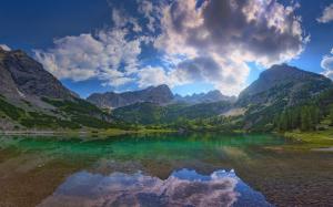Nature, Landscape, Summer, Lake, Mountain, Sunrise, Austria, Clouds, Trees, Water, Reflection wallpaper thumb